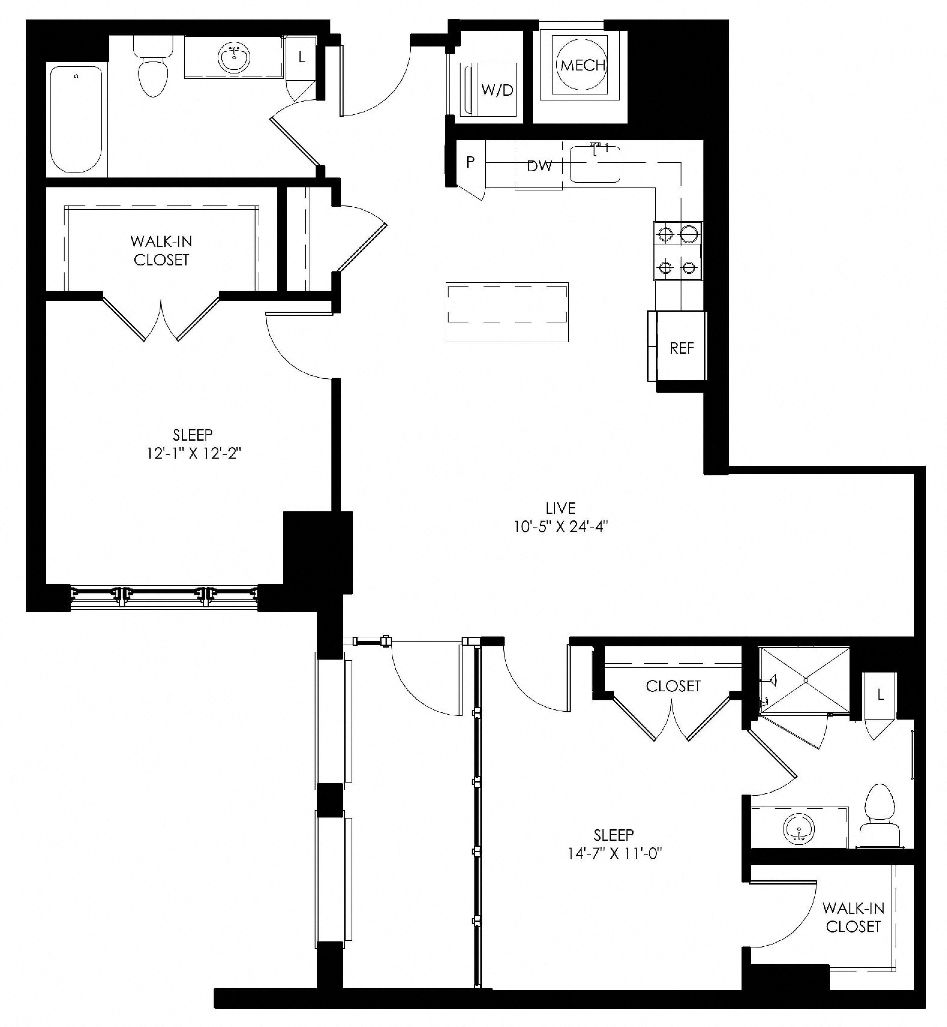 Floor plan for 2 beds, 2 baths, 1069 sqft