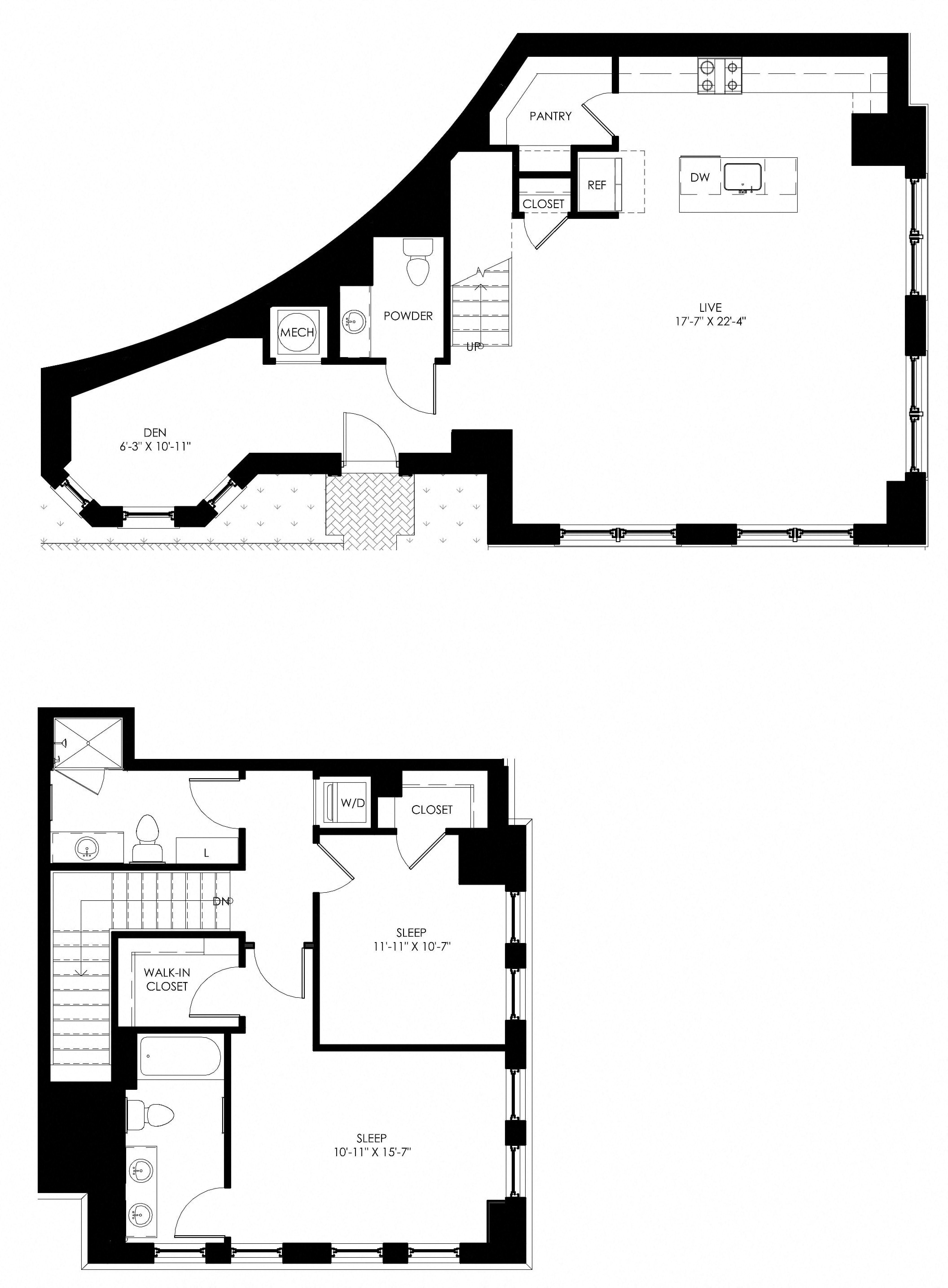 Floor plan for 2 beds, 2.5 baths, 1704 sqft
