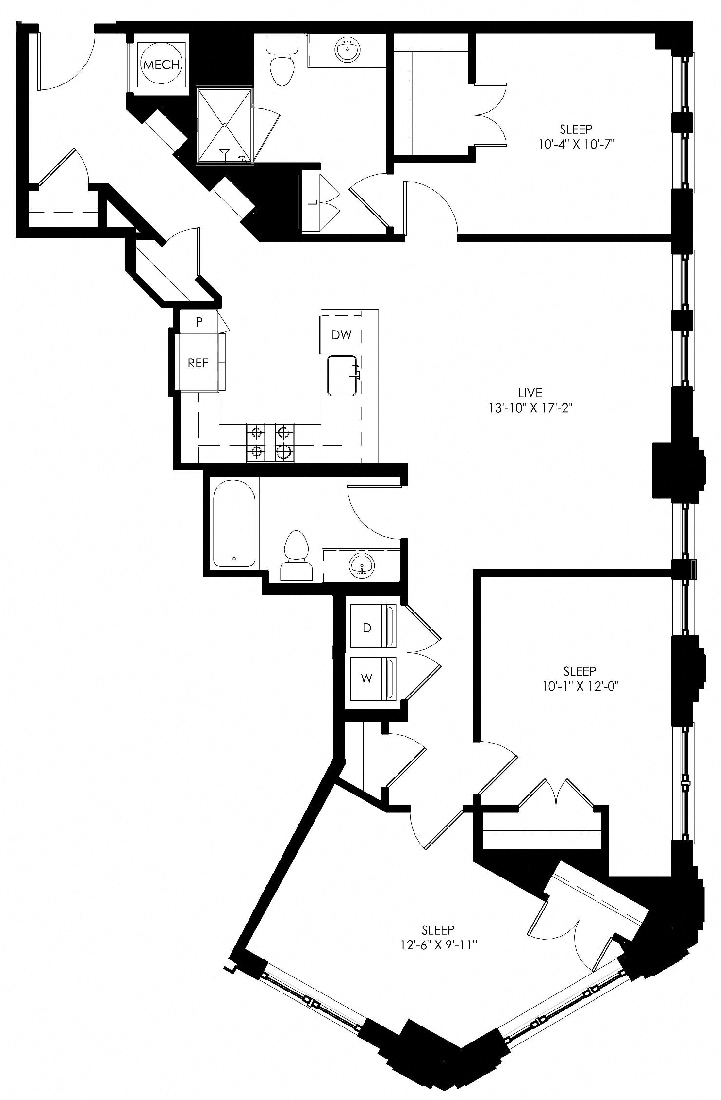 Floor plan for 3 beds, 2 baths, 1395 sqft