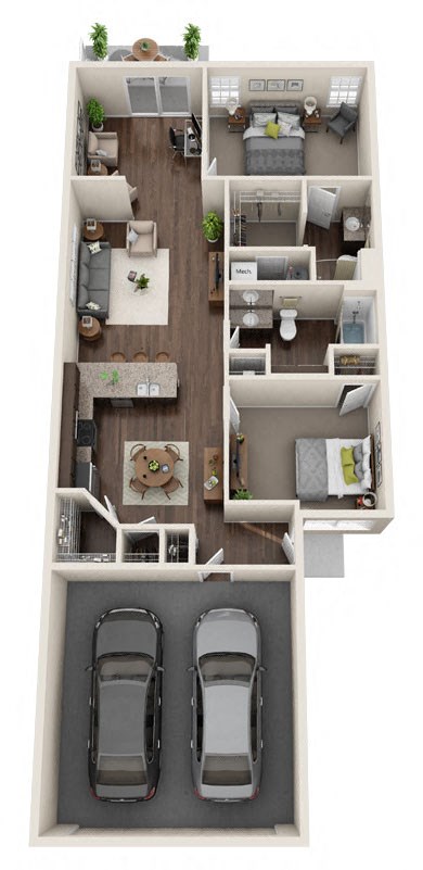 Floor plan for 2 beds, 2 baths, 1294 sqft