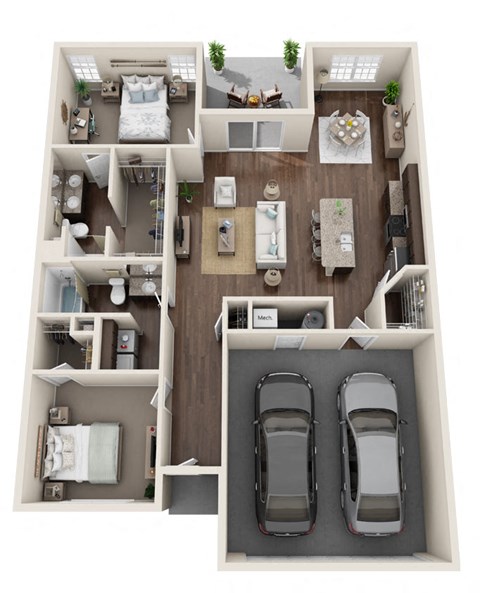 Floor plan for 2 beds, 2 baths, 1381 sqft