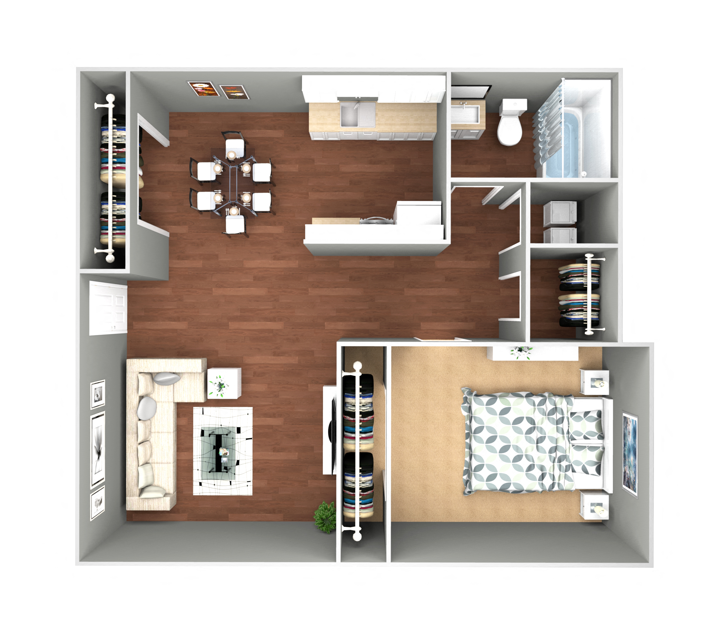 Floor plan for 1 bed, 1 bath, 750 sqft