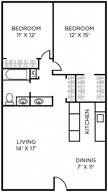 Floor plan for 2 beds, 1 bath, 950 sqft