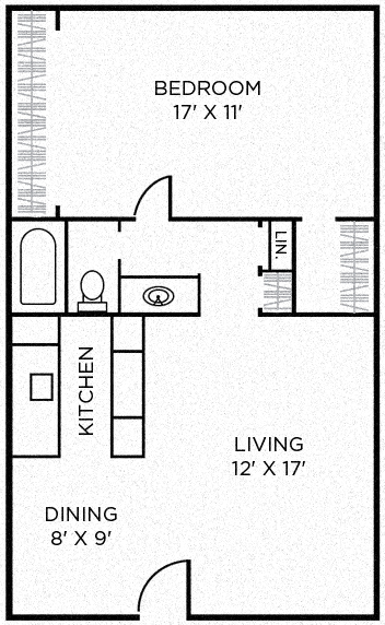 Floor plan for 1 bed, 1 bath, 715 sqft