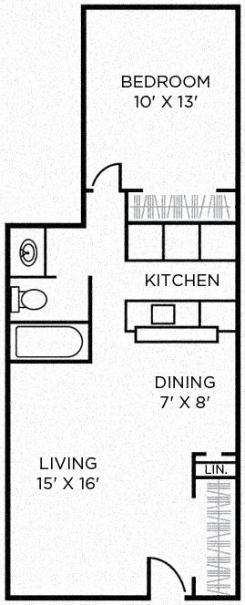 Floor plan for 1 bed, 1 bath, 630 sqft