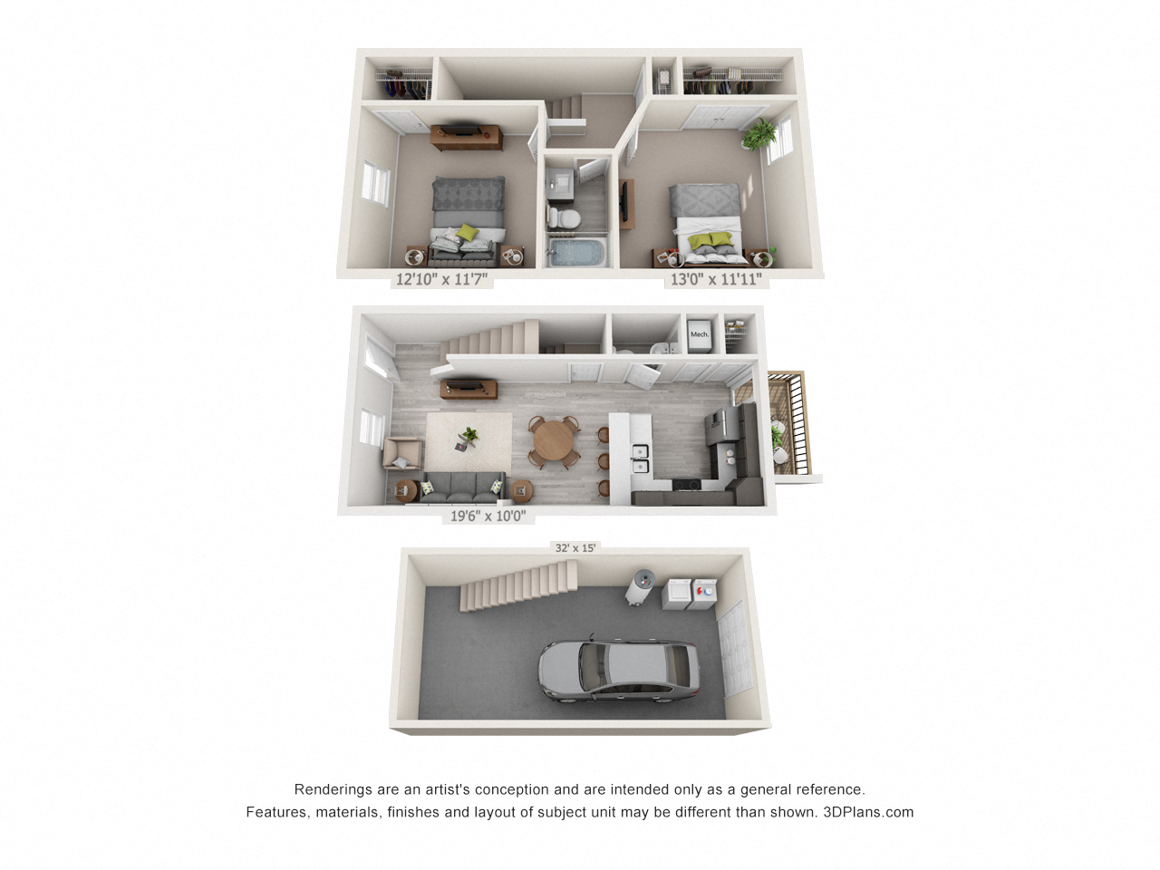 Floor plan for 2 beds, 1.5 baths, 1024 sqft