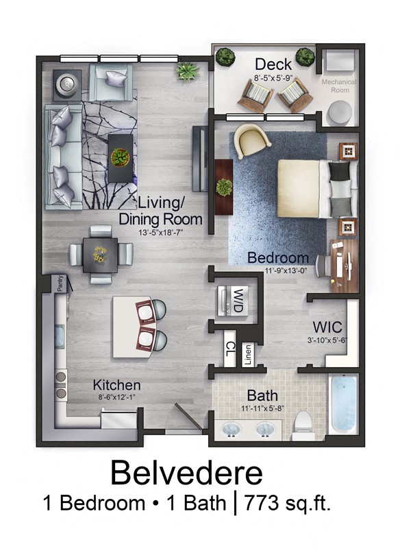 Floor plan for 1 bed, 1 bath, 773 sqft