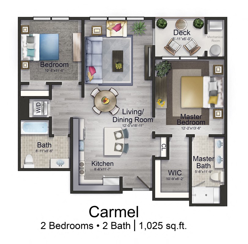 Floor plan for 2 beds, 2 baths, 1025 sqft