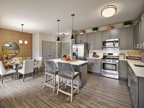 Trumbull apartment for rent - a kitchen with stainless steel appliances and a table with chairs