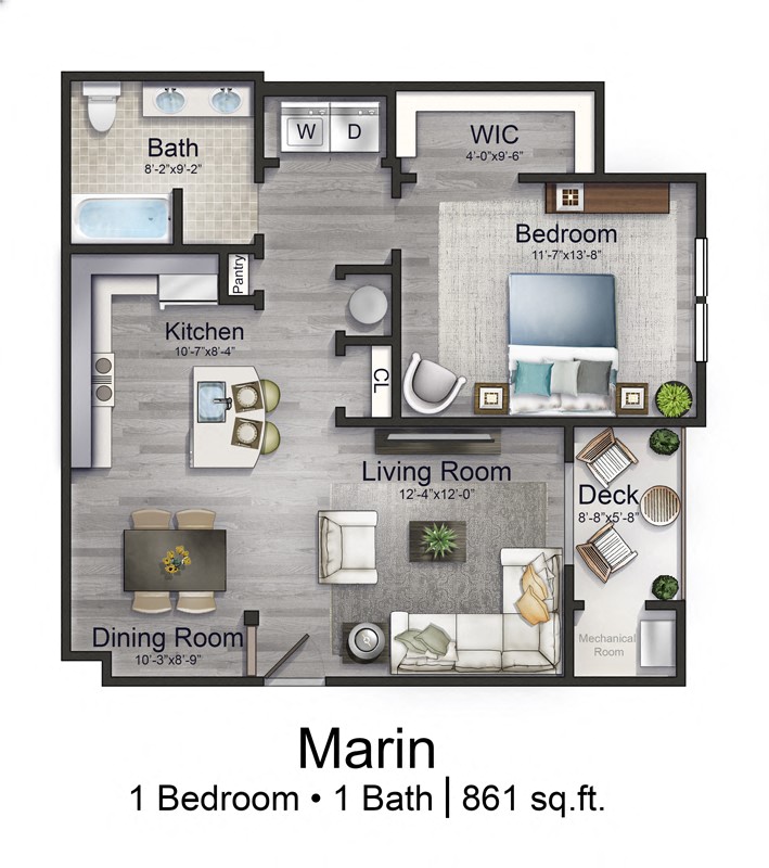 Floor plan for 1 bed, 1 bath, 861 sqft