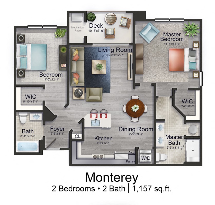 Floor plan for 2 beds, 2 baths, 1157 sqft