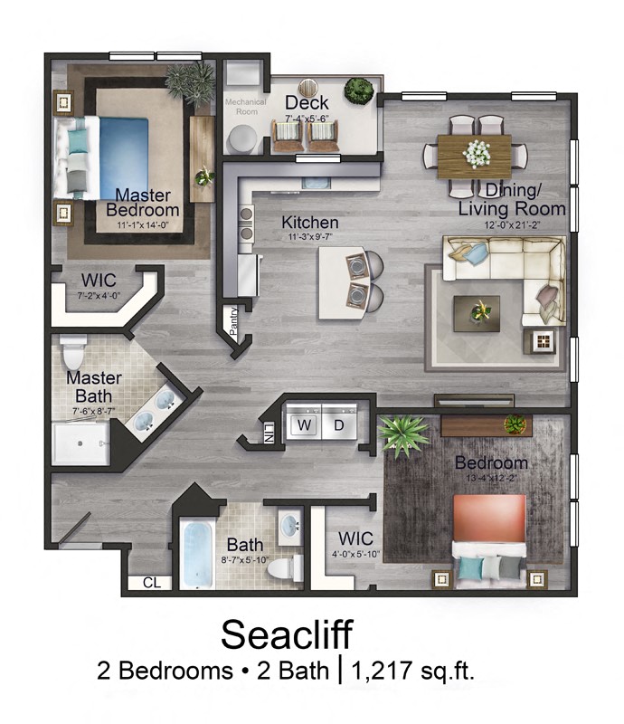 Floor plan for 2 beds, 2 baths, 1217 sqft