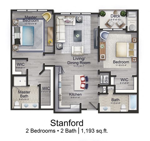 Floor plan for 2 beds, 2 baths, 1193 sqft
