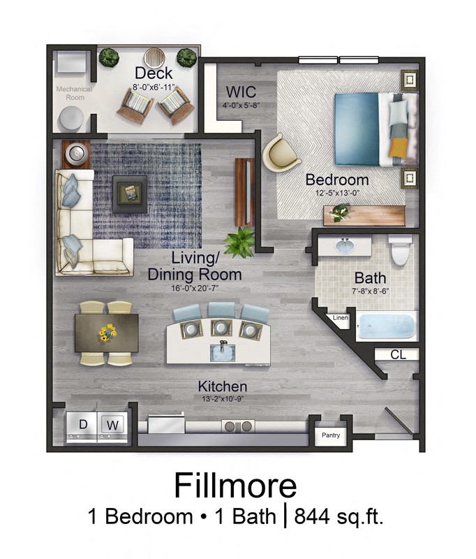 Floor plan for 1 bed, 1 bath, 844 sqft