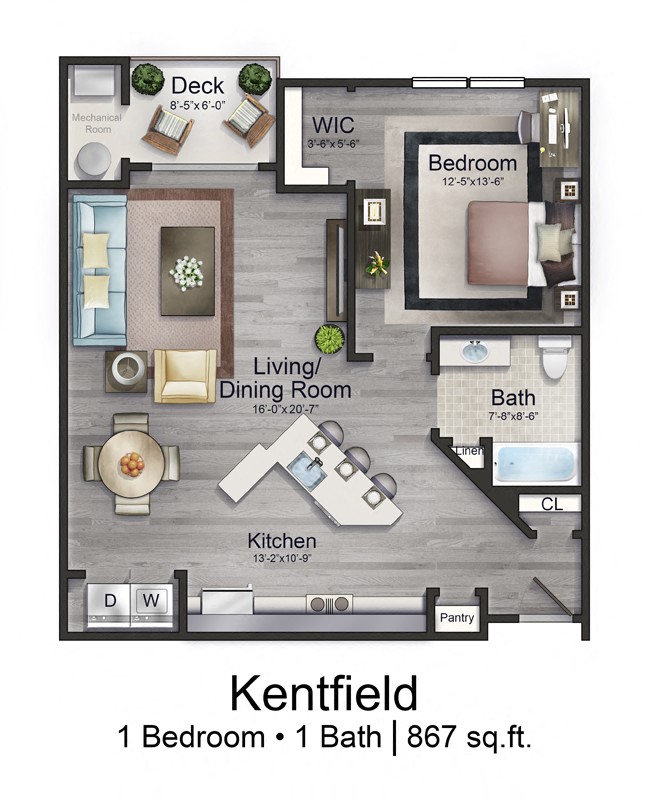 Floor plan for 1 bed, 1 bath, 867 sqft