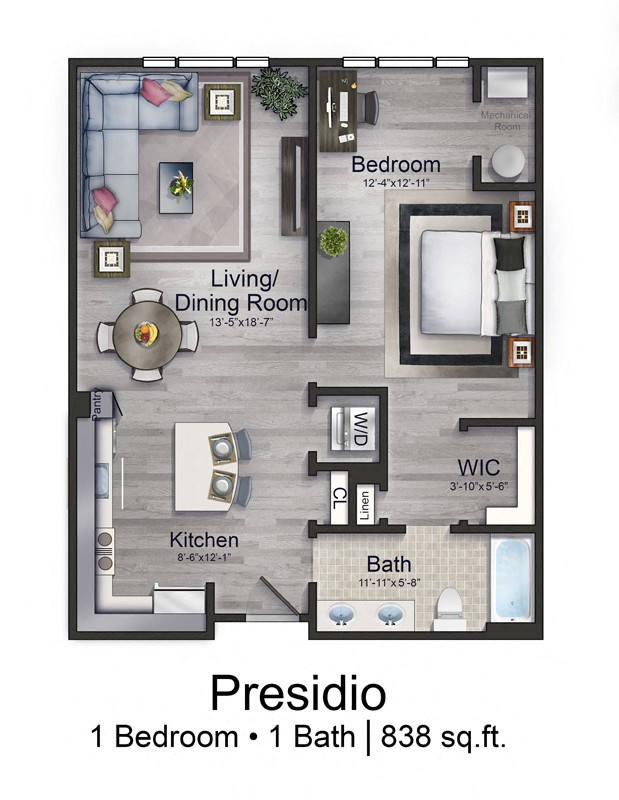 Floor plan for 1 bed, 1 bath, 883 sqft