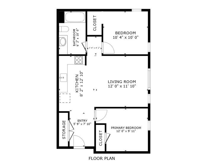 Floor plan for 2 beds, 1 bath, 707 sqft