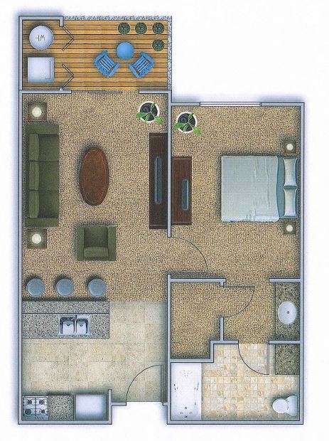 Floor plan for 1 bed, 1 bath, 598 sqft