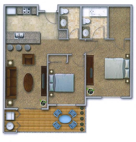 Floor plan for 2 beds, 1.5 baths, 809 sqft