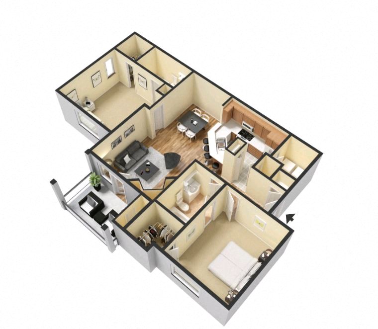 Floor plan for 2 beds, 2 baths, 1225 sqft