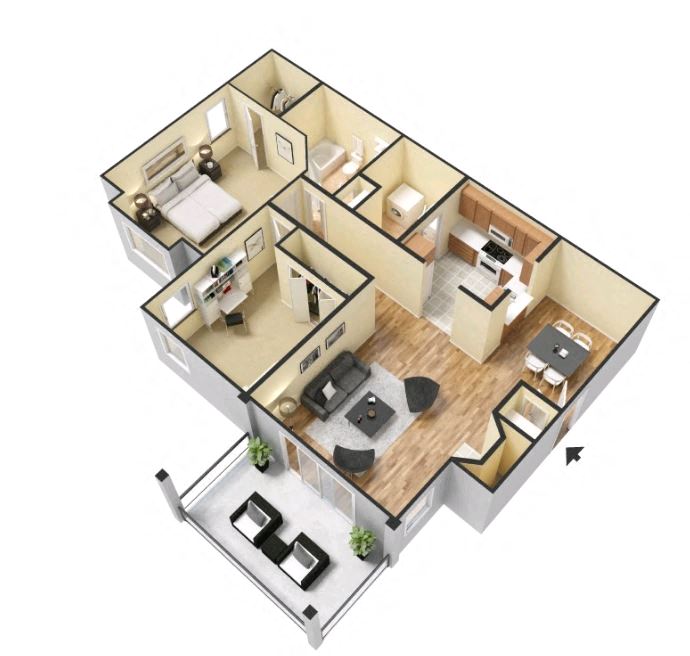 Floor plan for 2 beds, 1 bath, 986 sqft