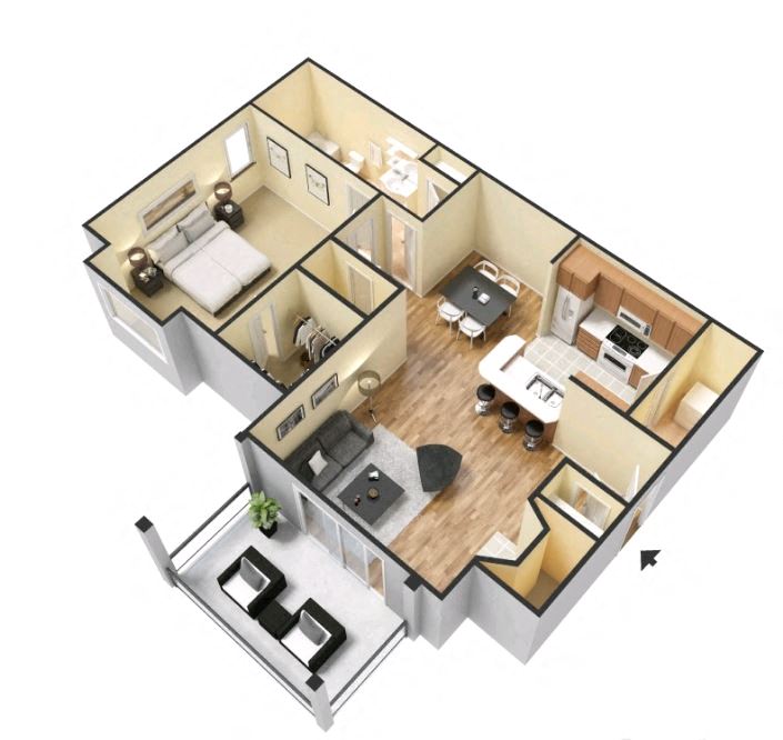 Floor plan for 1 bed, 1 bath, 830 sqft