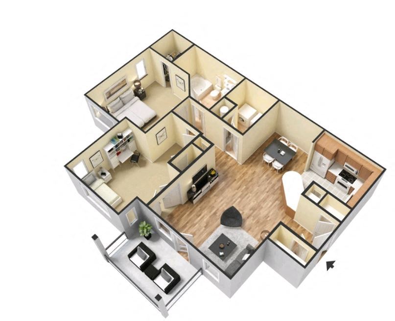 Floor plan for 2 beds, 1 bath, 1090 sqft