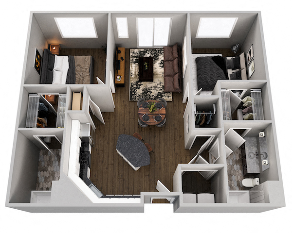 Floor plan for 2 beds, 2 baths, 1022 sqft
