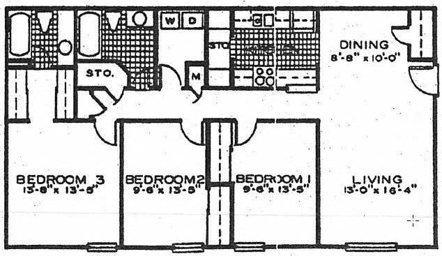 Floor plan for 3 beds, 2 baths, 1244 sqft