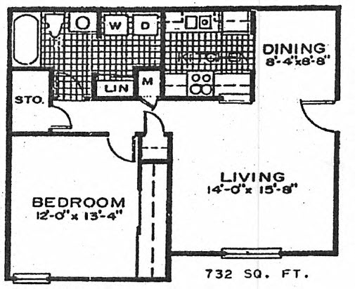 Floor plan for 1 bed, 1 bath, 732 sqft
