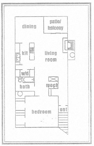 Floor plan for 1 bed, 1 bath, 840 sqft
