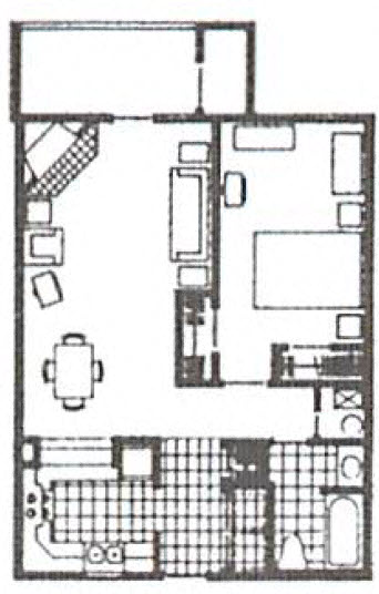 Floor plan for 1 bed, 1 bath, 720 sqft