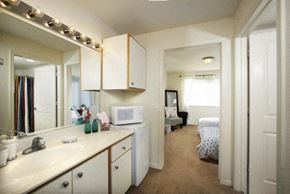 Davis apartment for rent - a bathroom with a sink and a mirror and a bedroom