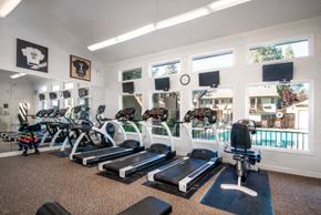 Davis apartment for rent - a gym with cardio equipment and windows on the wall