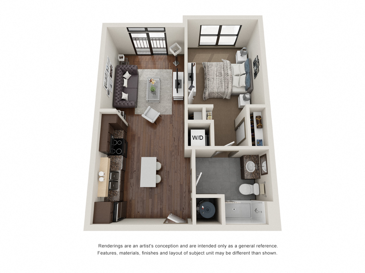 Floor plan for 1 bed, 1 bath, 613 sqft