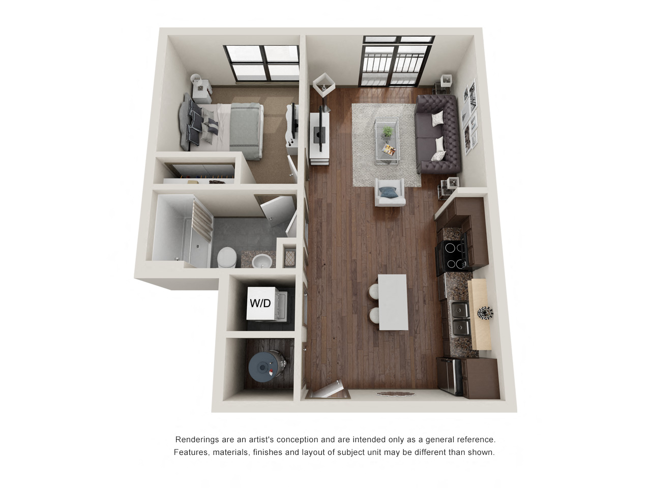 Floor plan for 1 bed, 1 bath, 607 sqft
