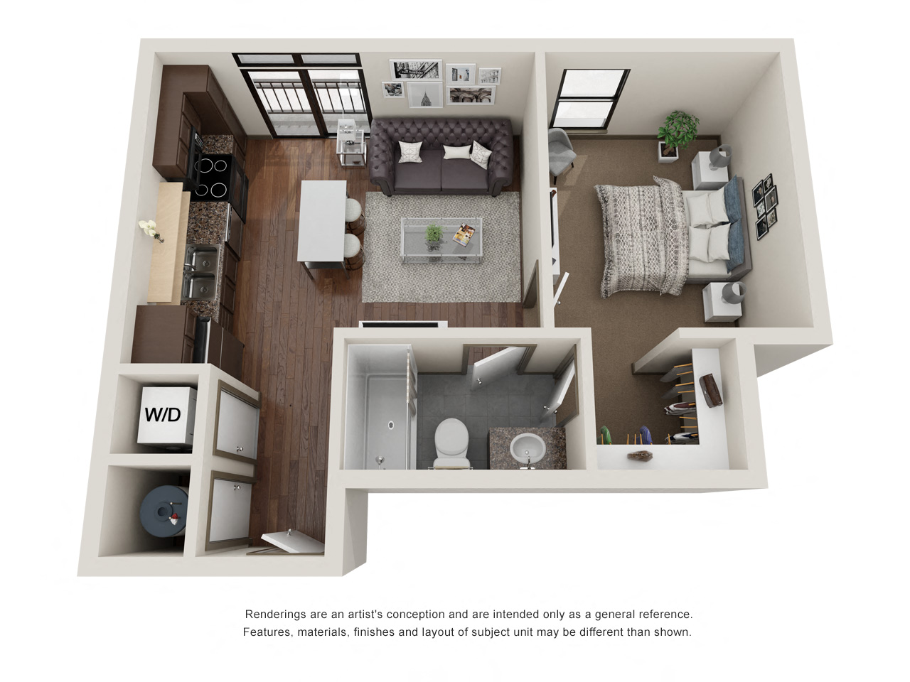 Floor plan for 1 bed, 1 bath, 524 sqft