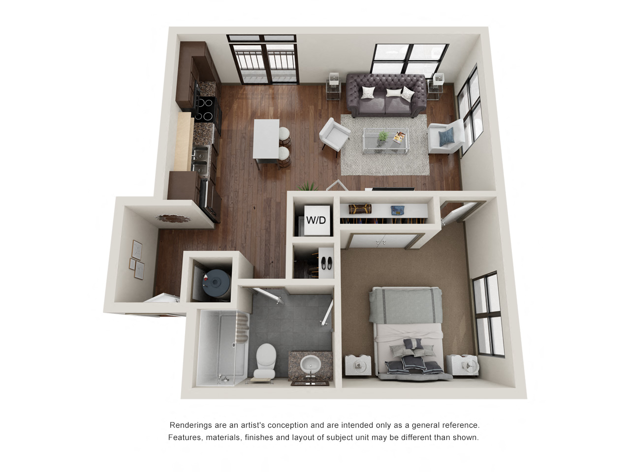 Floor plan for 1 bed, 1 bath, 675 sqft