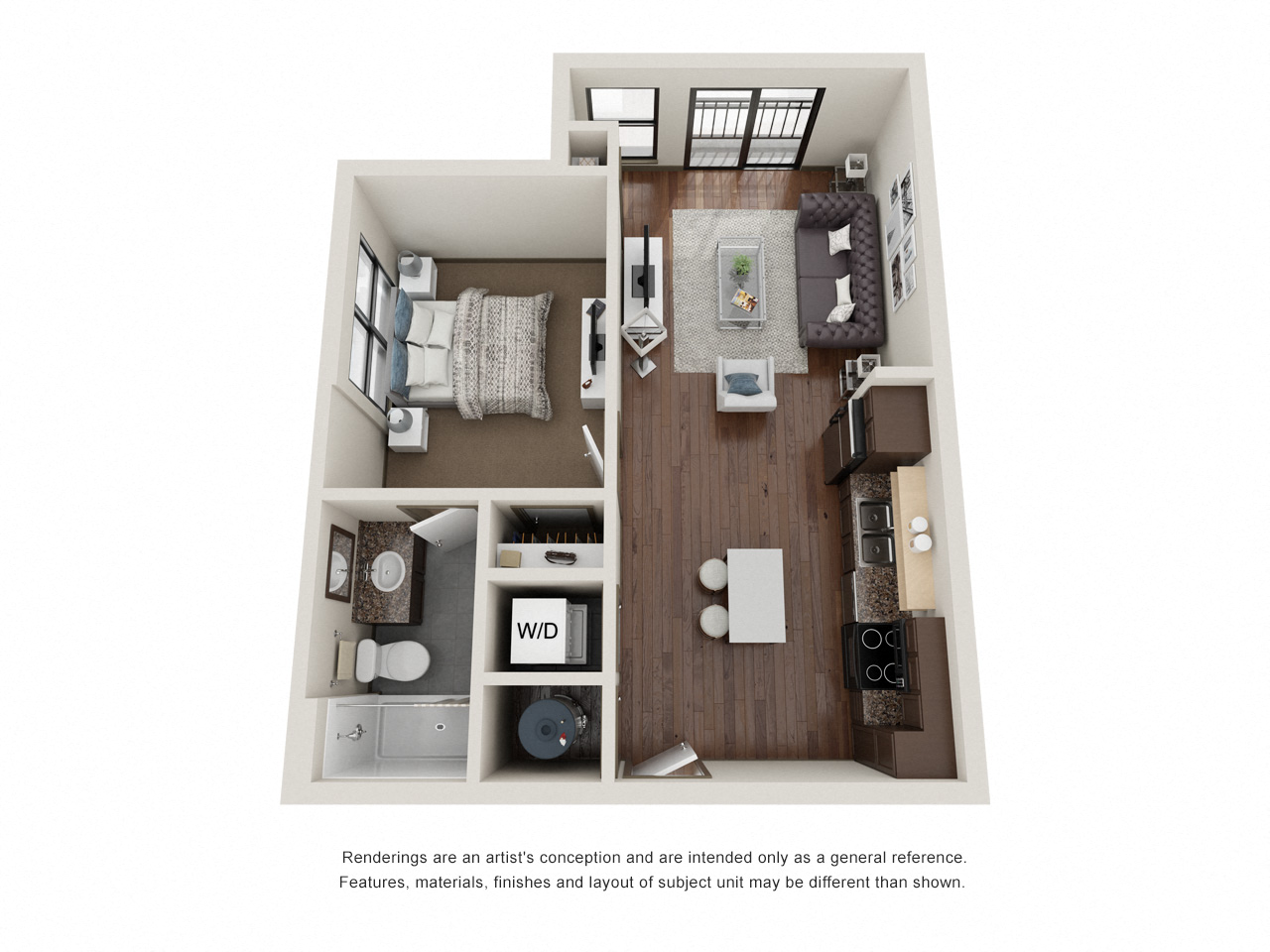 Floor plan for 1 bed, 1 bath, 556 sqft