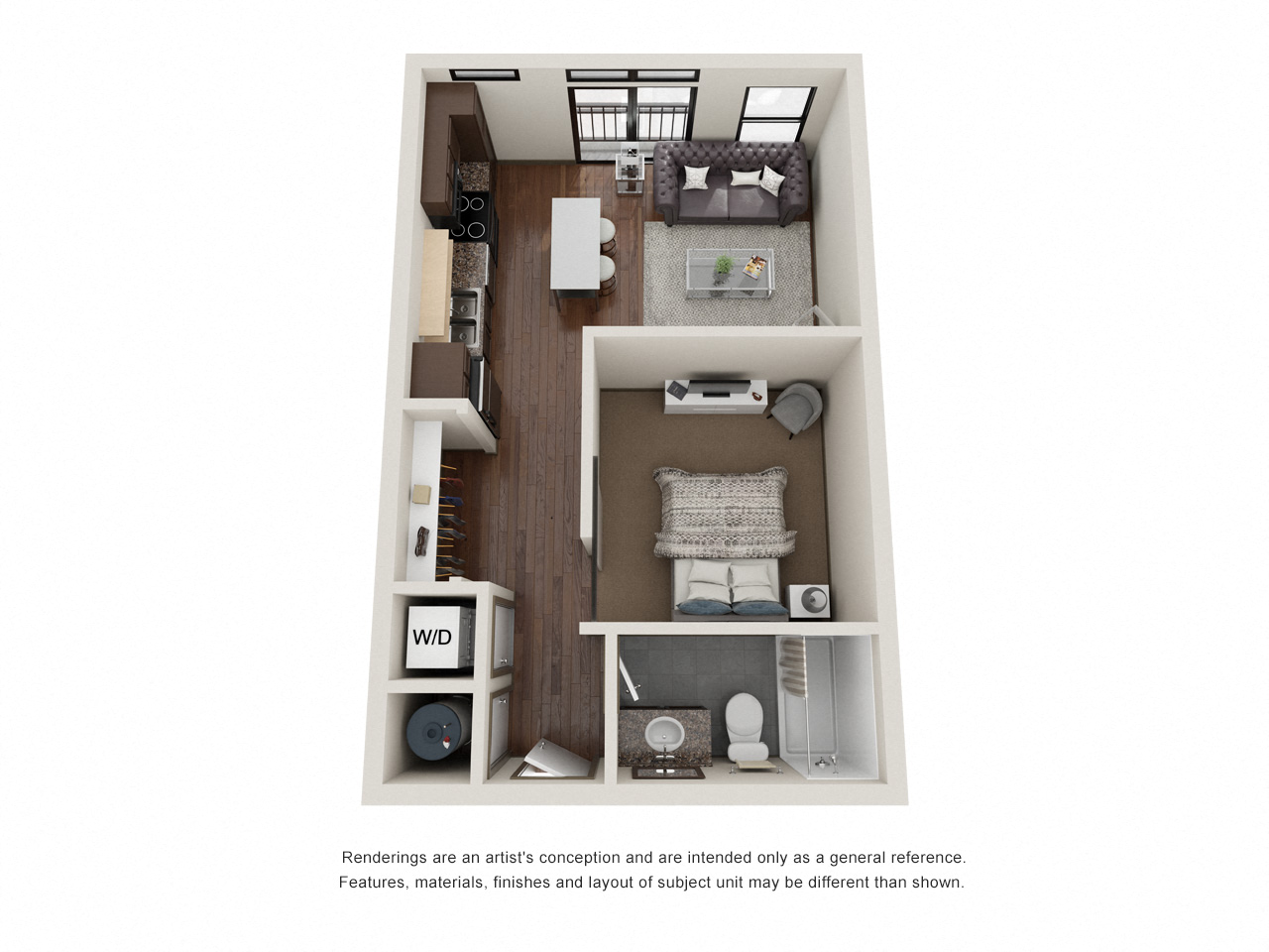 Floor plan for studio, 1 bath, 511 sqft
