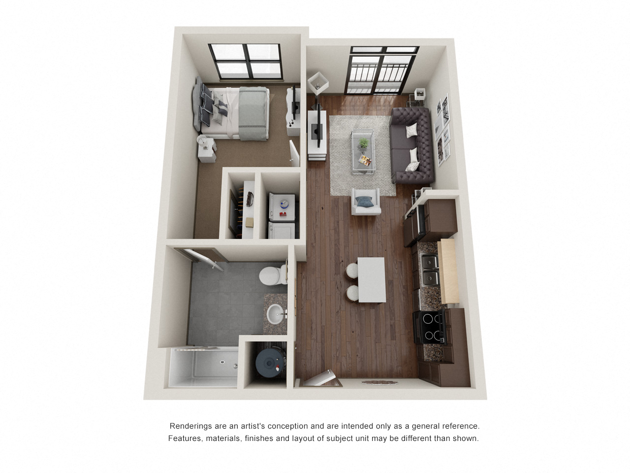 Floor plan for 1 bed, 1 bath, 615 sqft