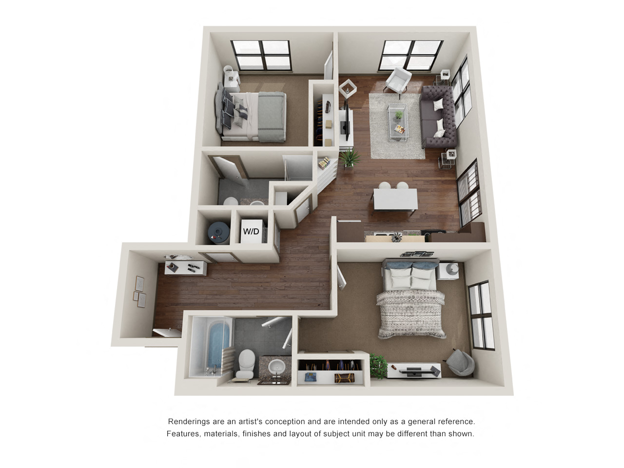 Floor plan for 2 beds, 2 baths, 965 sqft