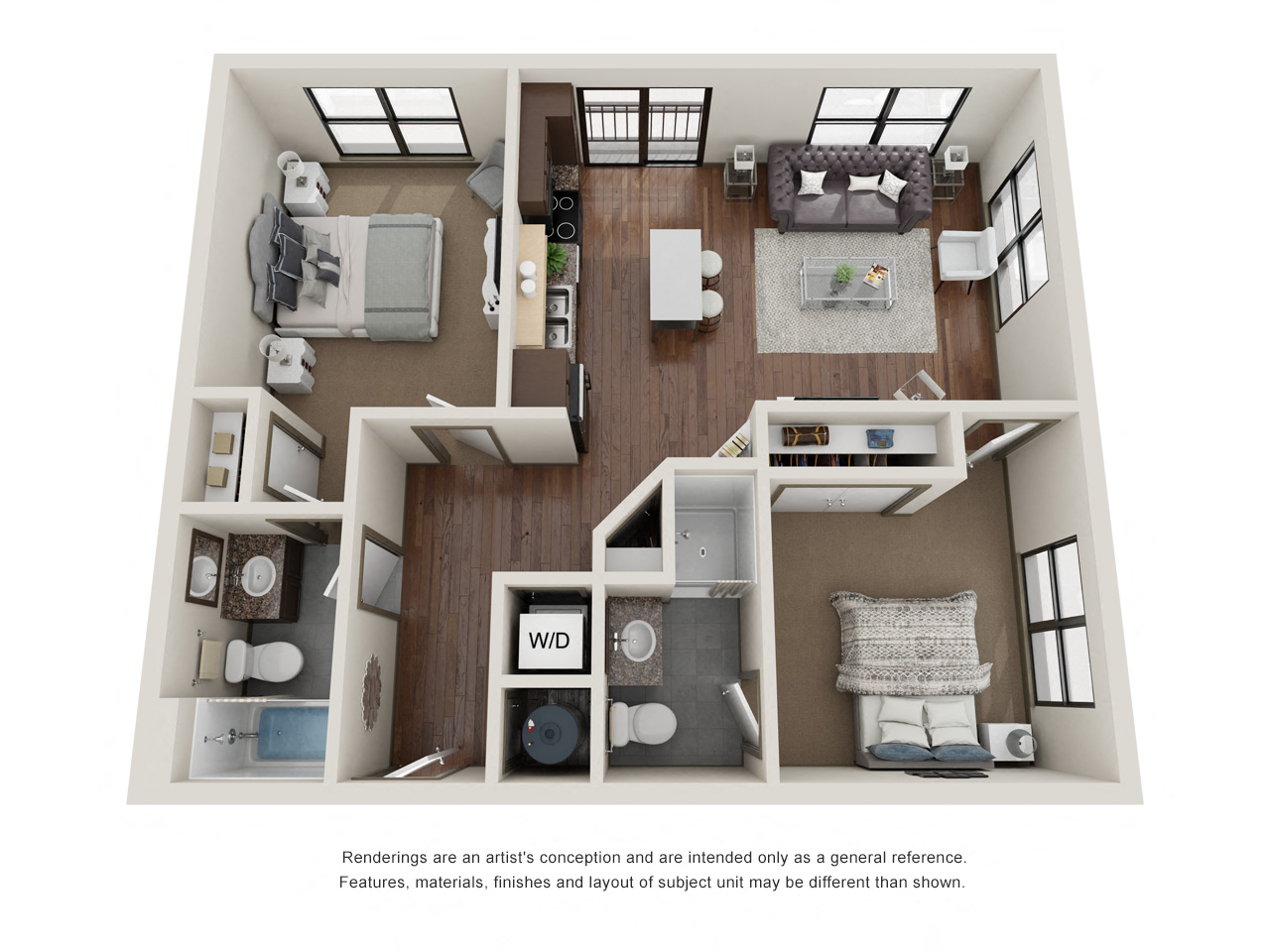 Floor plan for 2 beds, 2 baths, 878 sqft
