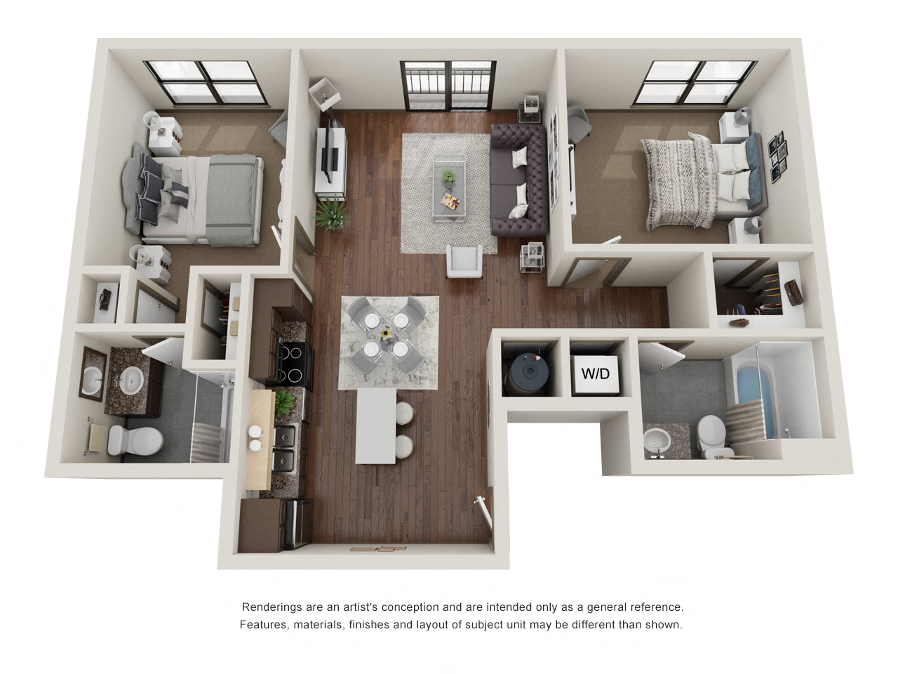 Floor plan for 2 beds, 2 baths, 916 sqft