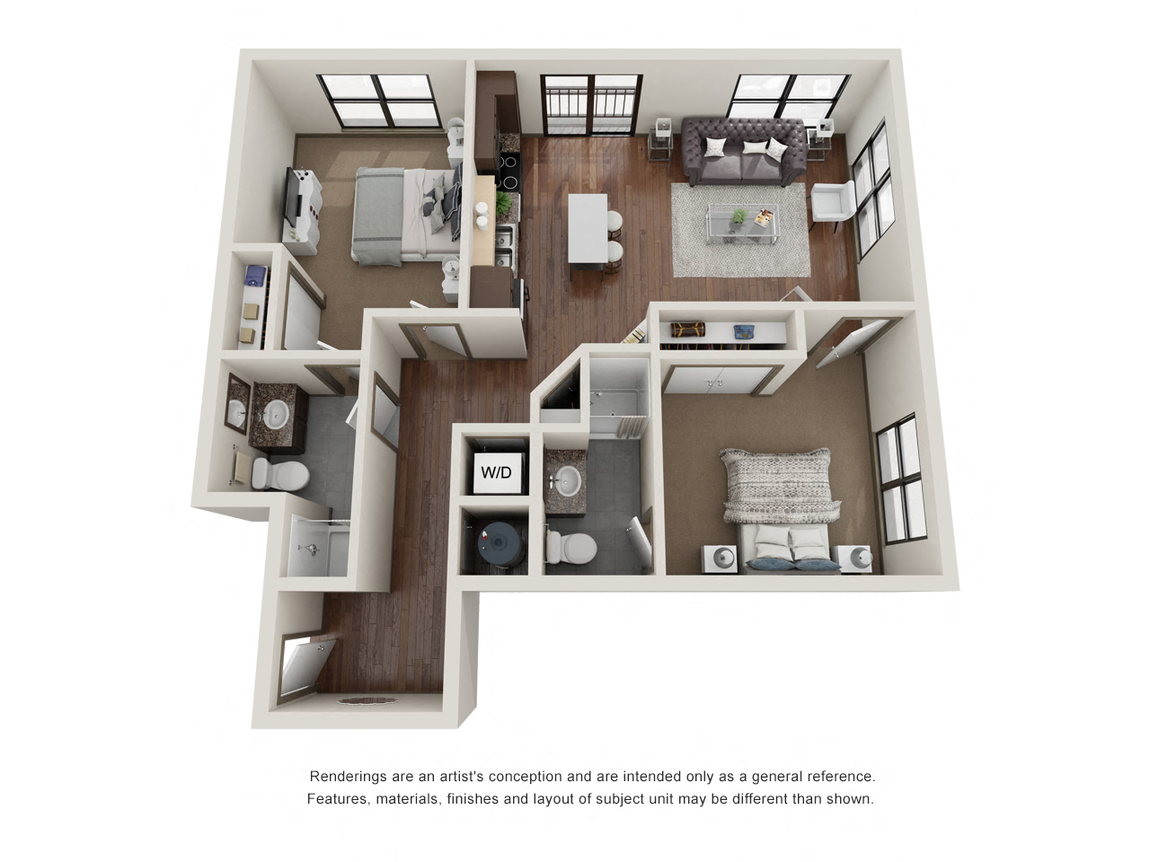 Floor plan for 2 beds, 2 baths, 940 sqft