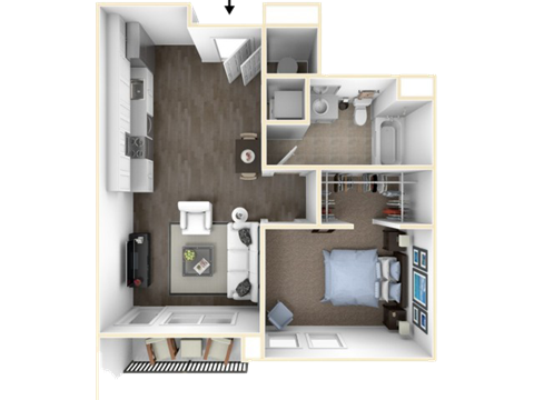 Floor plan for 1 bed, 1 bath, 664 sqft