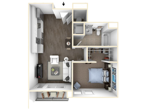 Floor plan for 1 bed, 1 bath, 676 sqft