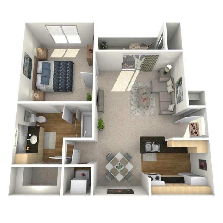 Floor plan for 1 bed, 1 bath, 658 sqft