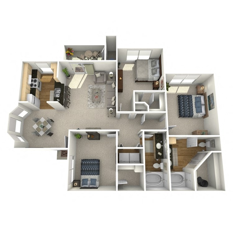 Floor plan for 3 beds, 2 baths, 1262 sqft