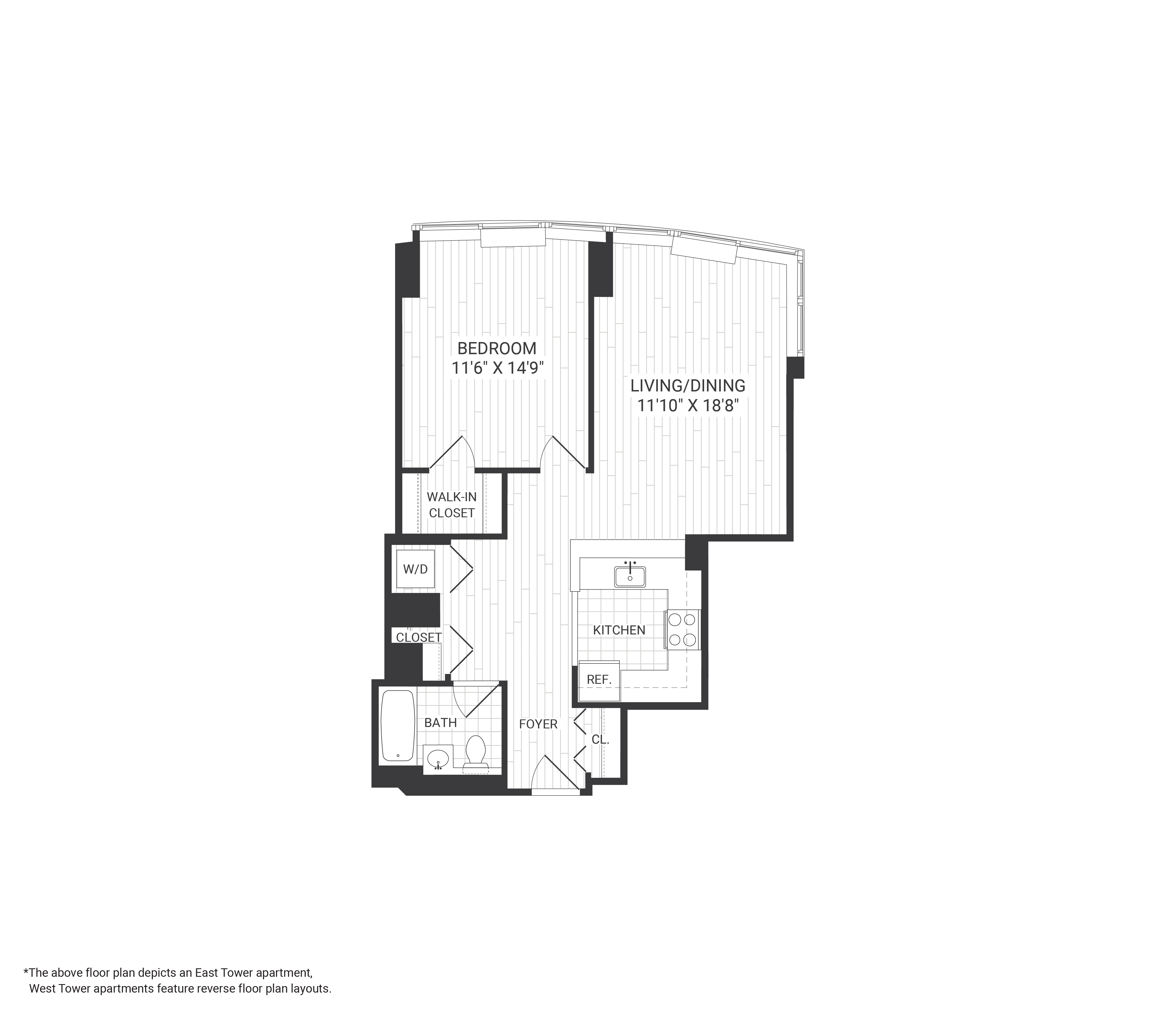 Floor plan for 1 bed, 1 bath, 800 sqft